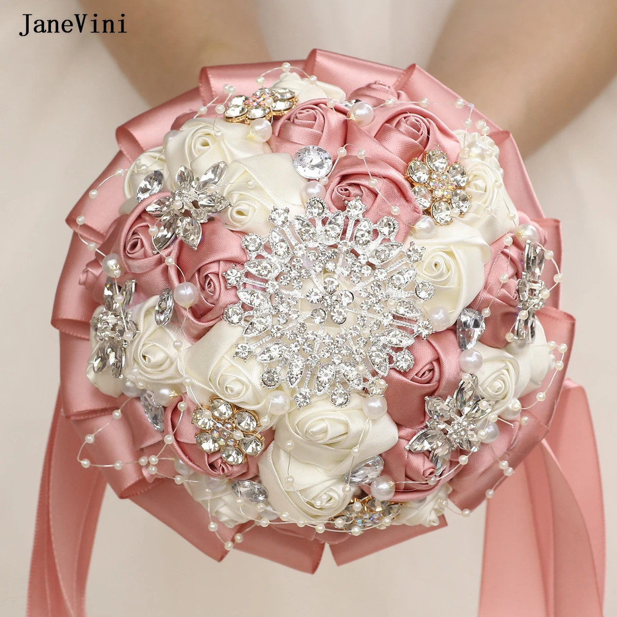 JaneVini элегантные пыльно-розовые свадебные букеты блестящие серебряные кристаллы искусственные атласные розы букет невесты цветочные аксессуары JaneVini элегантные пыльно-розовые свадебные букеты блестящие серебряные кристаллы искусственные атласные розы букет невесты цветочные аксессуары