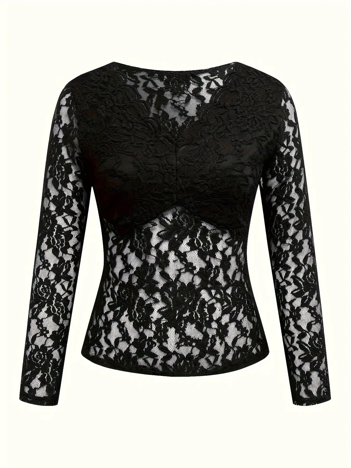 Damen Spitzen-Jumpsuit mit V-Ausschnitt, Langen Ärmeln, Transparentem Netzstoff und Blumenmuster, Figurbetonter Durchsichtiger Einteiler für Party, Clubwear und Alltag – Detail 4