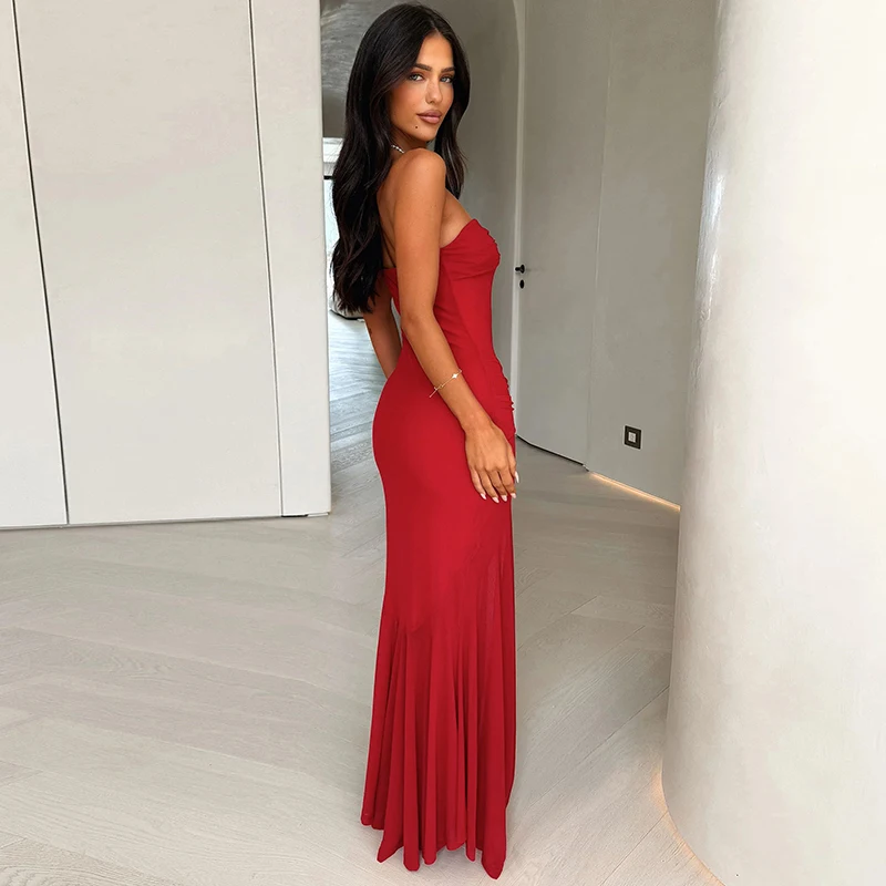 CUTENOVA Temperament Effen Kleur Strapless Mesh Lange Jurk Mouwloos Backless Slim Pakket Hip Krimpen Geplooide Jurk Zomer Nieuw