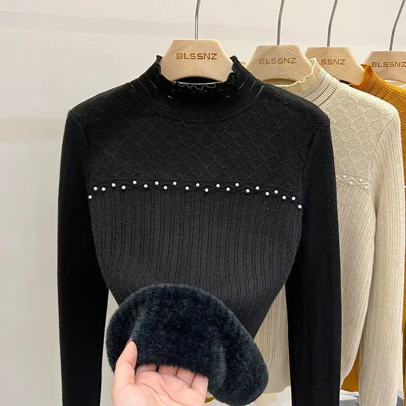 

One-piece Velvet Thickened Sweater Women's Autumn and Winter New Top Half Turtleneck Plus Velvet Bottoming Shirt