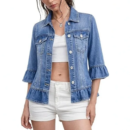 Coat Women Denim Coats Ruffles Turn Down Collar Jackets Single Breasted Vintage Washed Y2k Streetwear Work Three Quarter Sleeve
