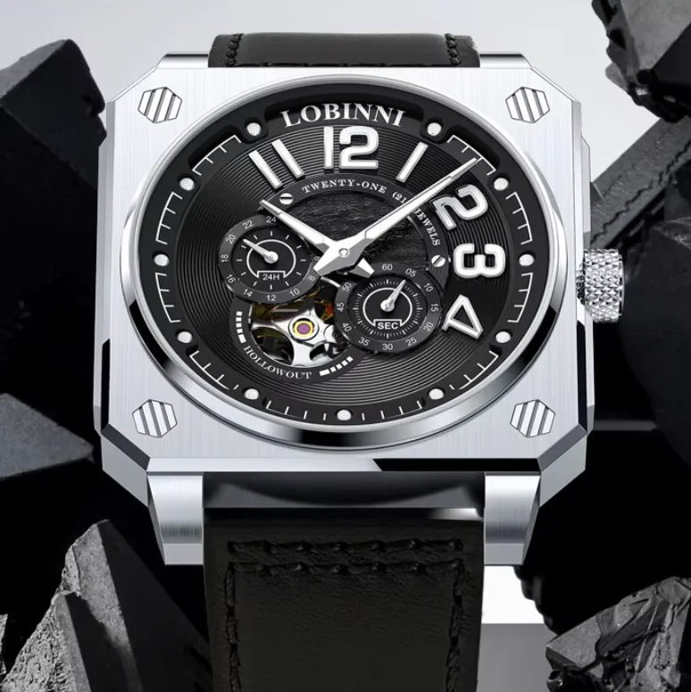 LOBINNI MensAutomatic Watch 41mm Square Mechanical Wristwatch Luminous Sapphire Mirror Skeleton Dial Small Second Dial 24 Hours