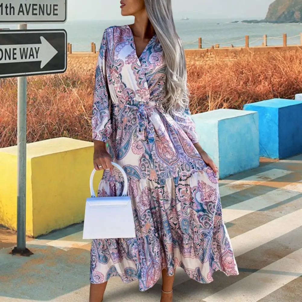 

Spring Dress Elegant Women Dress Lantern Sleeve Colorful Print Fabulous Tight Waist Big Hem Ruffle Spring Dress