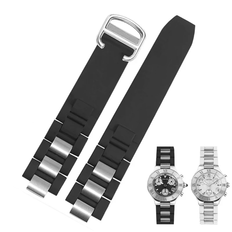 Watch Band for Cartier 21Th Century Series White Black Stainless Steel Rubber silicone Watchband Men Women Bracelet 20mm * 10mm