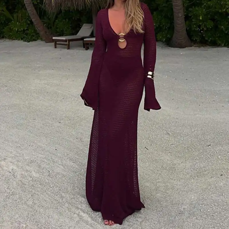 

Casual Hight Waist Holiday Cover Up Sexy Deep V Neck Hollow Slim Beach Summer Fashion Flared Sleeve Solid Long Dress