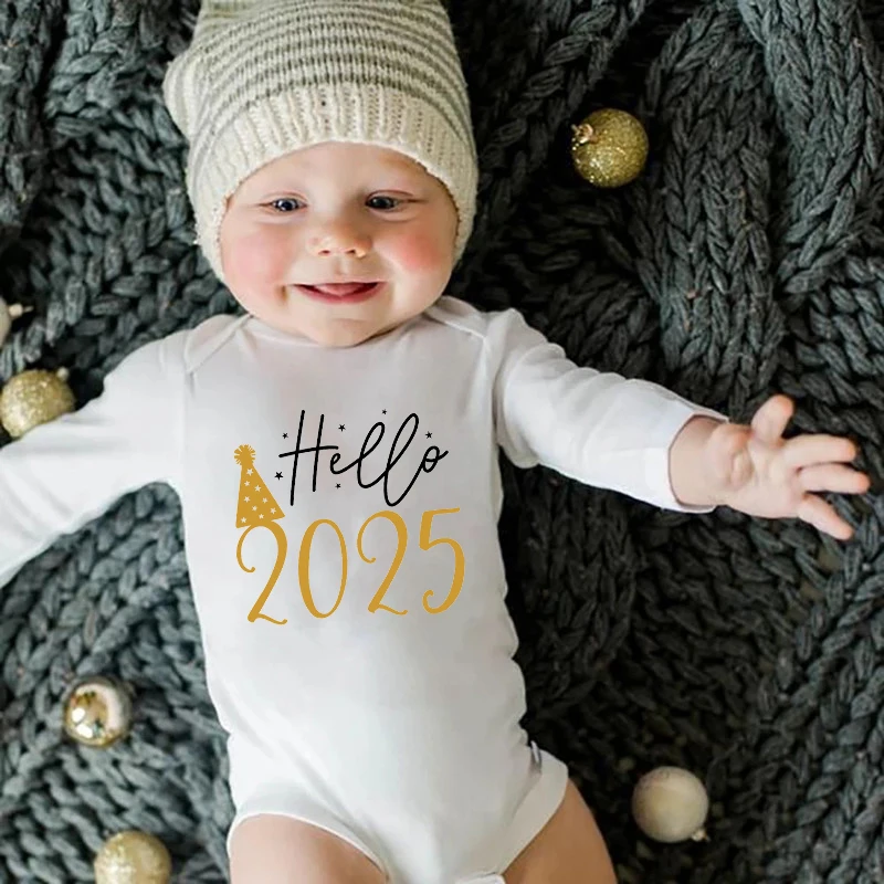 Hello 2025 bayi baru lahir Bodysuit katun lengan panjang bayi Romper tubuh bayi laki-laki perempuan Tahun Baru pakaian Ropa hadiah Natal