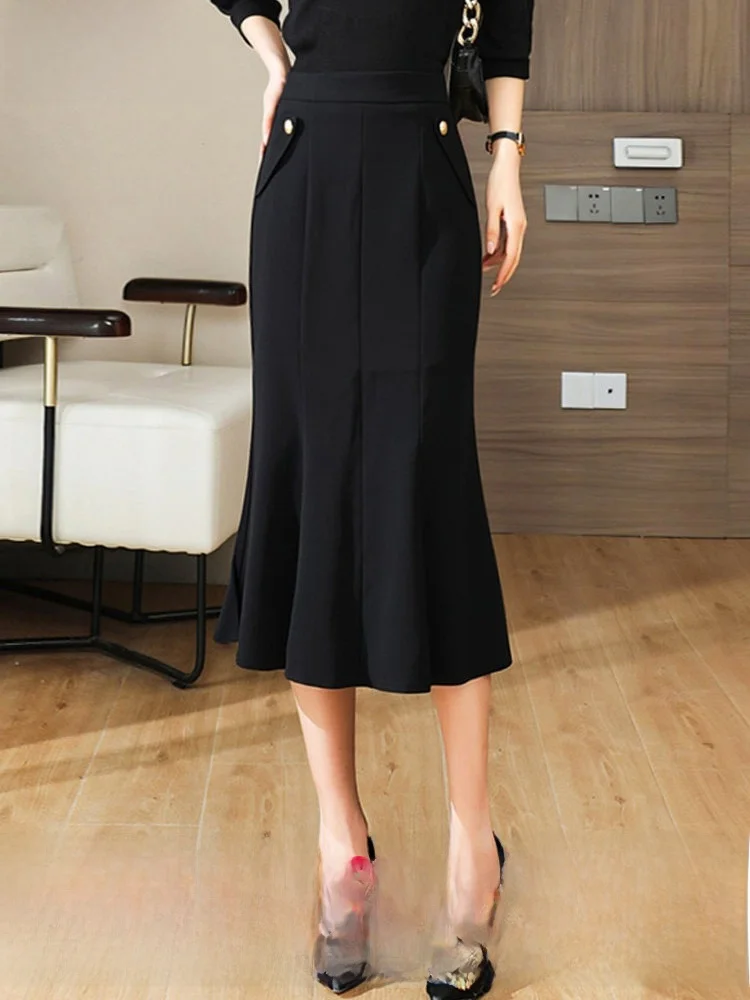 

Black Asymmetrical Fish Tail Skirt Women's Commute Style High Waist Midi Skirt Elegant Professional Business Formal Skirt