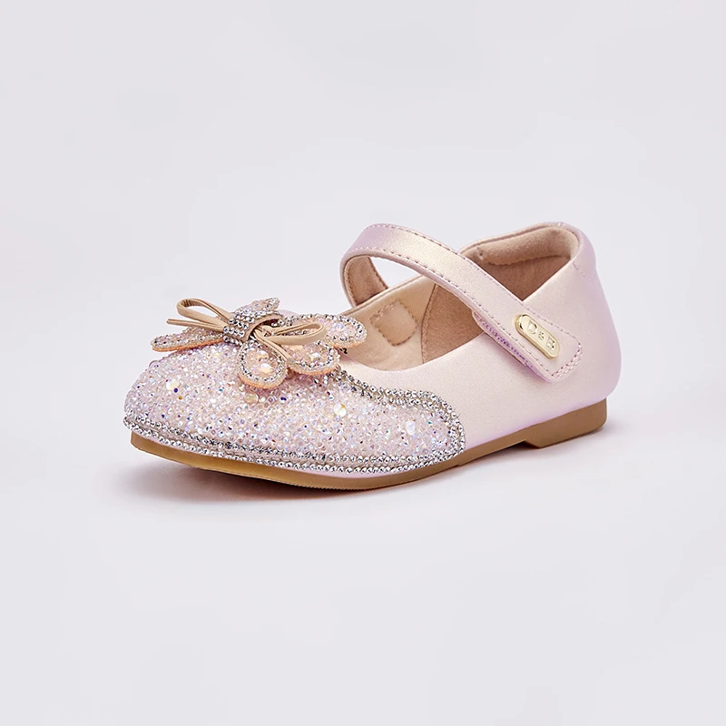 Dave Bella Children Girls Princess Shoes Spring Autumn Leather Shoes Pearl Bow Dance Shoes Girls Flats Non-slip Shoes DB3241422