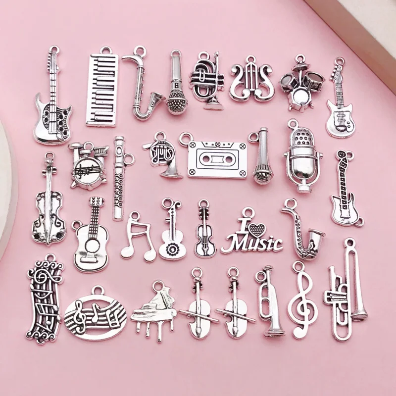 10 pçs cor prata instrumentos musicais nota fone de ouvido guitarra encantos microfone músico pingente fazendo diy jóias acessórios