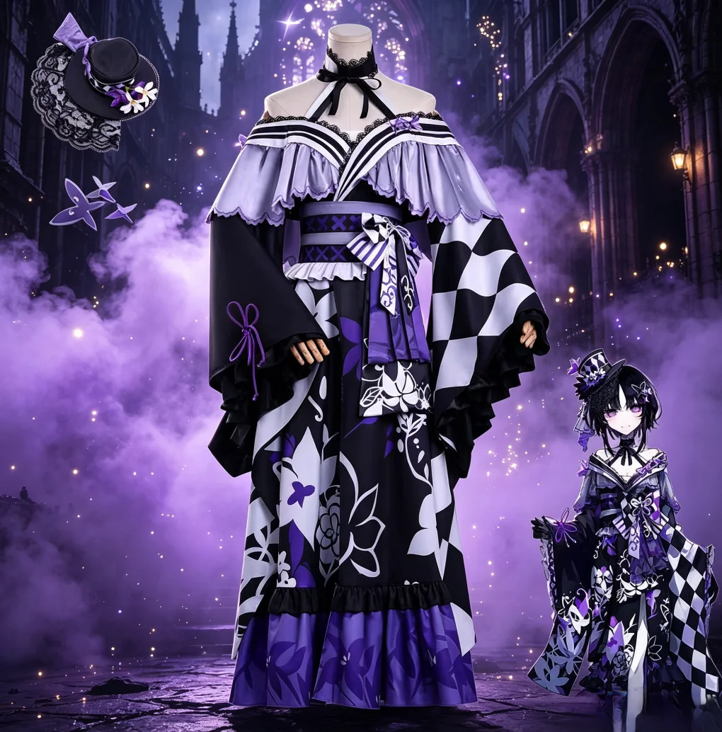 

Manosaba Hosho Margo Cosplay Black Purple Dress Kimono Gothic Halloween Party Outfit