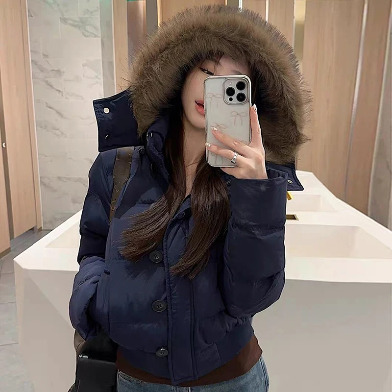 Korean Large Fur Collar Short Padded Jacket Women 2026 Winter New Thick Hooded Parkas Women Retro Zipper Button Puffer Jackets
