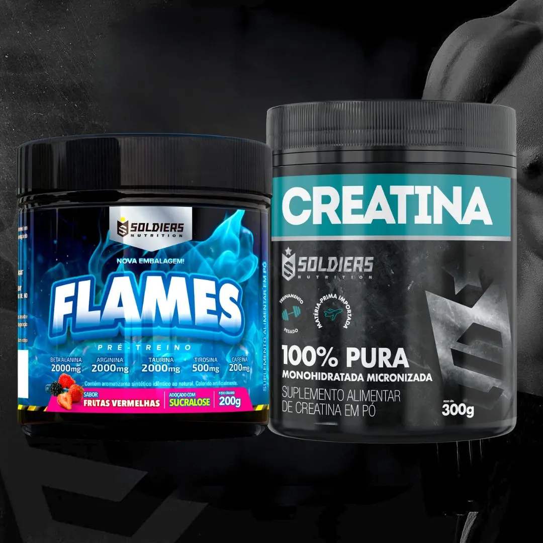 Kit: Creatine Monohydrate Pot 300g Pure 100% + Pre-Workout Flames 200g - Soldiers Nutrition