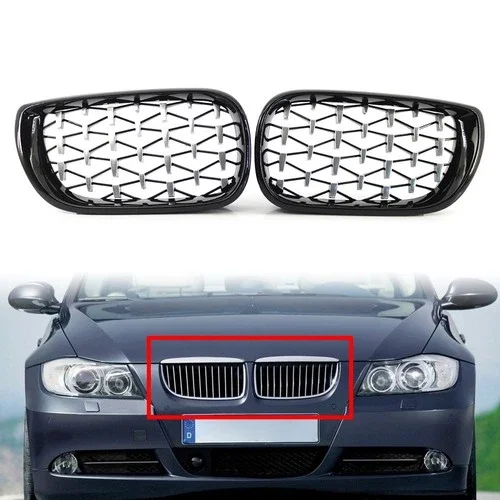 Diamond Meteor Style Kidney Grille For BMW 3 Series E46 4DR 2002‑2005 Front Bumper Grille Pair OE 51132158542 51132158543