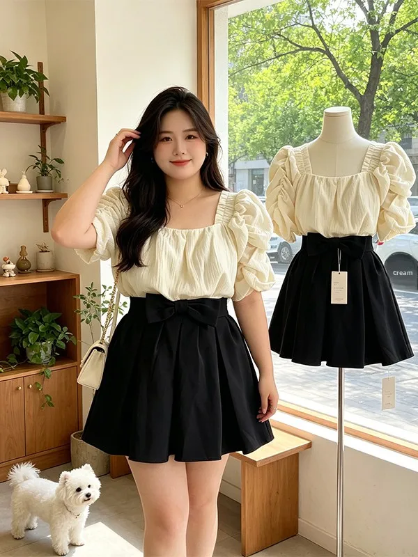 

Summer New plus Size Pleated Short Sleeve Square Collar Shirt And Half Skirt Set Women's Fashion Slimming Two-Piece Ensemble