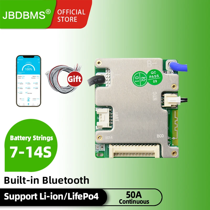 jbd smart bms 7-14S 50A for E-bike peak 150A Built-in BT band balancing function 20V 36V 48V support Li-ion LifePo4 battery