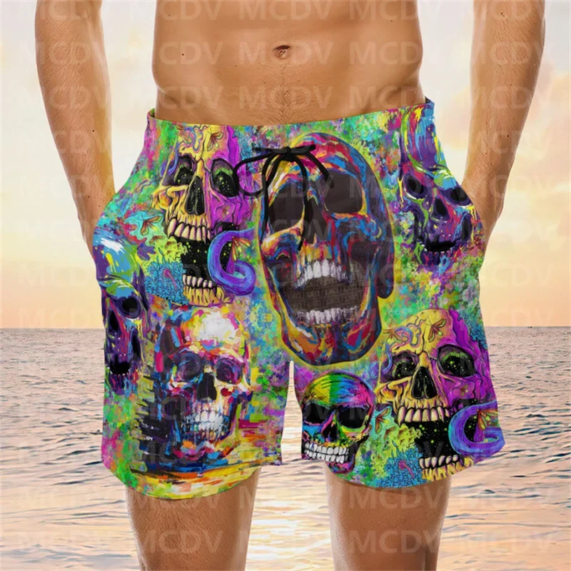 

Black Melting Skull Skull Short Lover Men's Swim Trunks, Skull Lover Hawaiian Shorts for Men