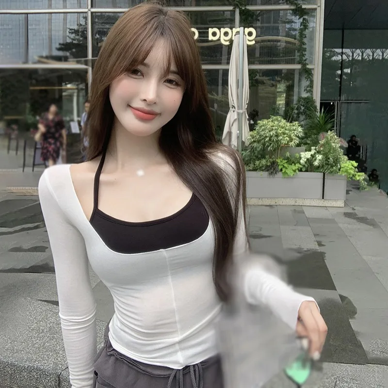 Two Pieces Set Y2k Slim Long Sleeves T-shirt Women Short Halter Camisole All Match Patchwork Top Female Fashion Tight Crop Top