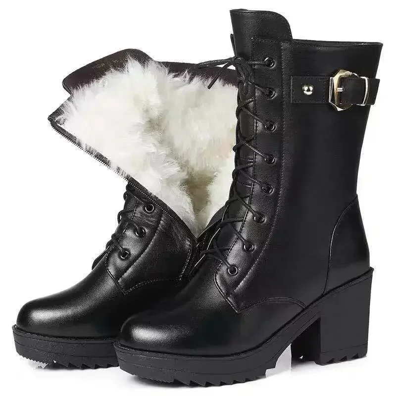 2024 Winter Leather Women Winter Boots Thick Wool Warm Women High-heeled Genuine Boot High-quality Female Snow Boots Women Shoes