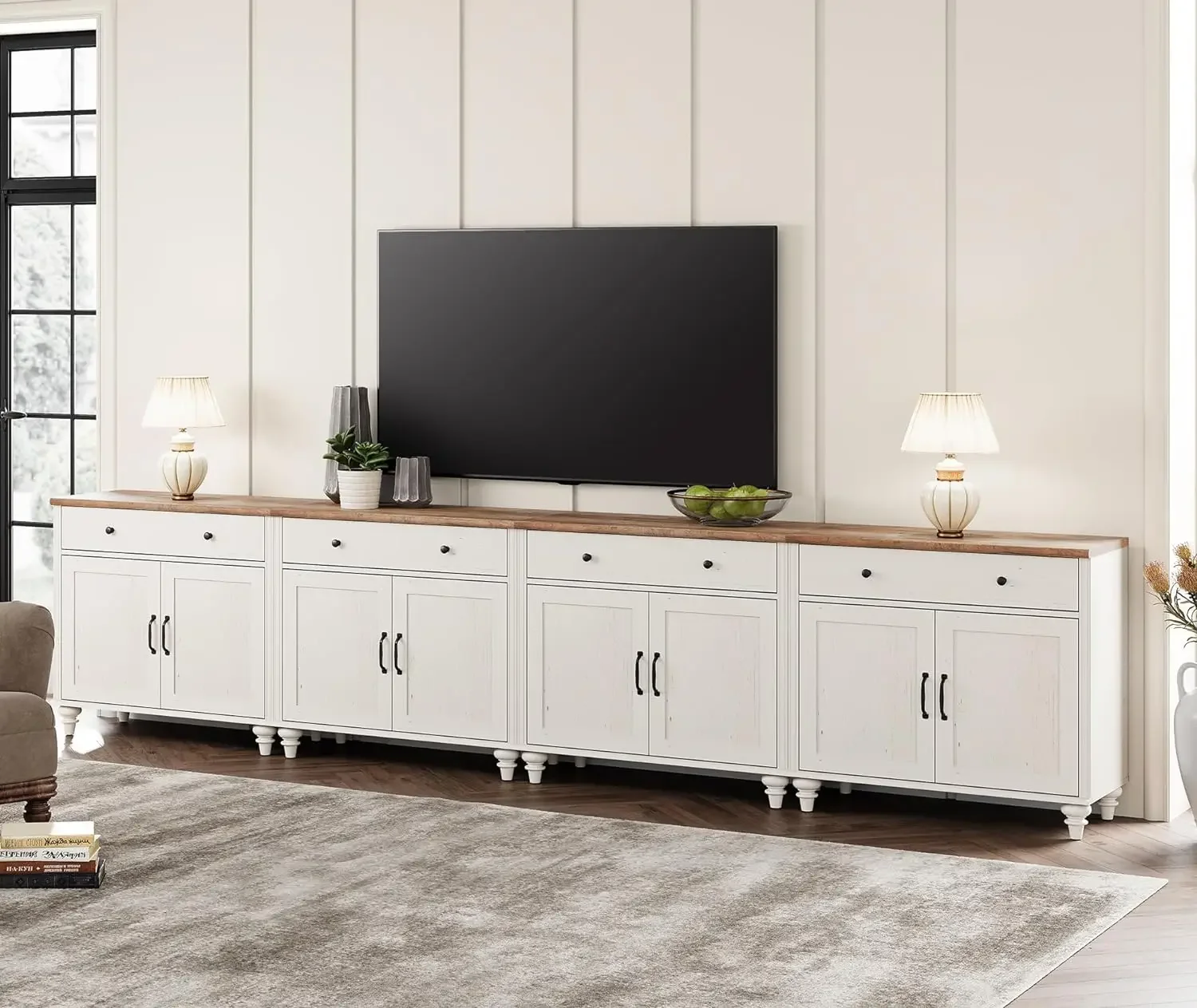 

Farmhouse TV Stand, Wood Universal TV Stand with Large Storage Cabinets, White Entertainment Center TV Console Table for Bedroom