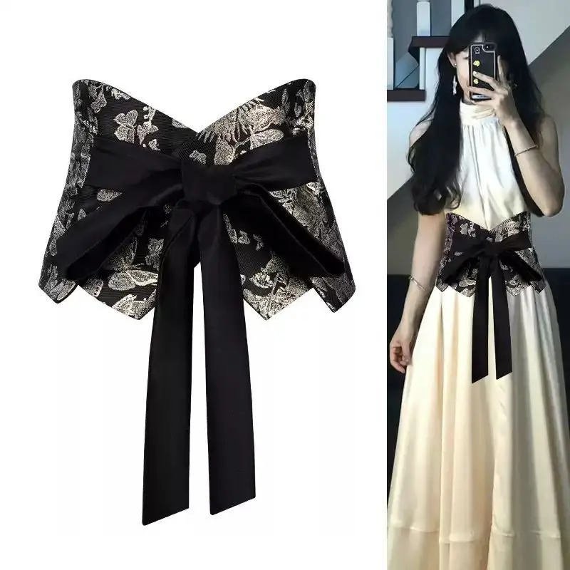 Women New Chinese Style Embroidered Jacquard Corset Belt Elegant Bow Knot Vintage Ethnic Waist Cincher Wide Waistband For Dresse