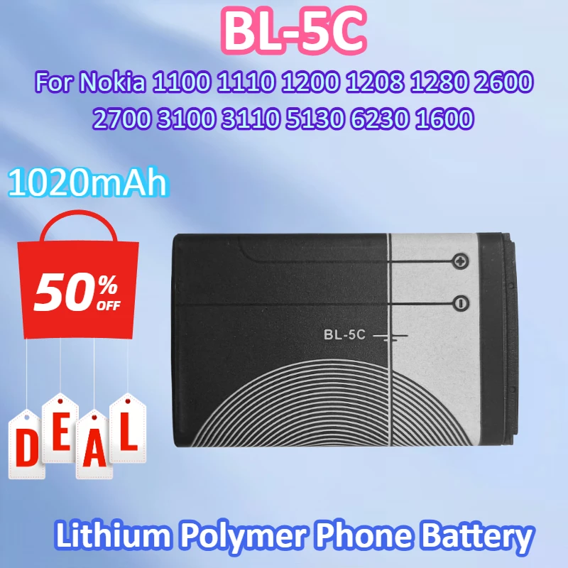 

New BL5C BL-5C 3.75V 1020mAh Lithium Polymer Phone Battery for Nokia 1100 1110 1200 1208 1280 2600 2700 3100 3110 5130 6230 1600