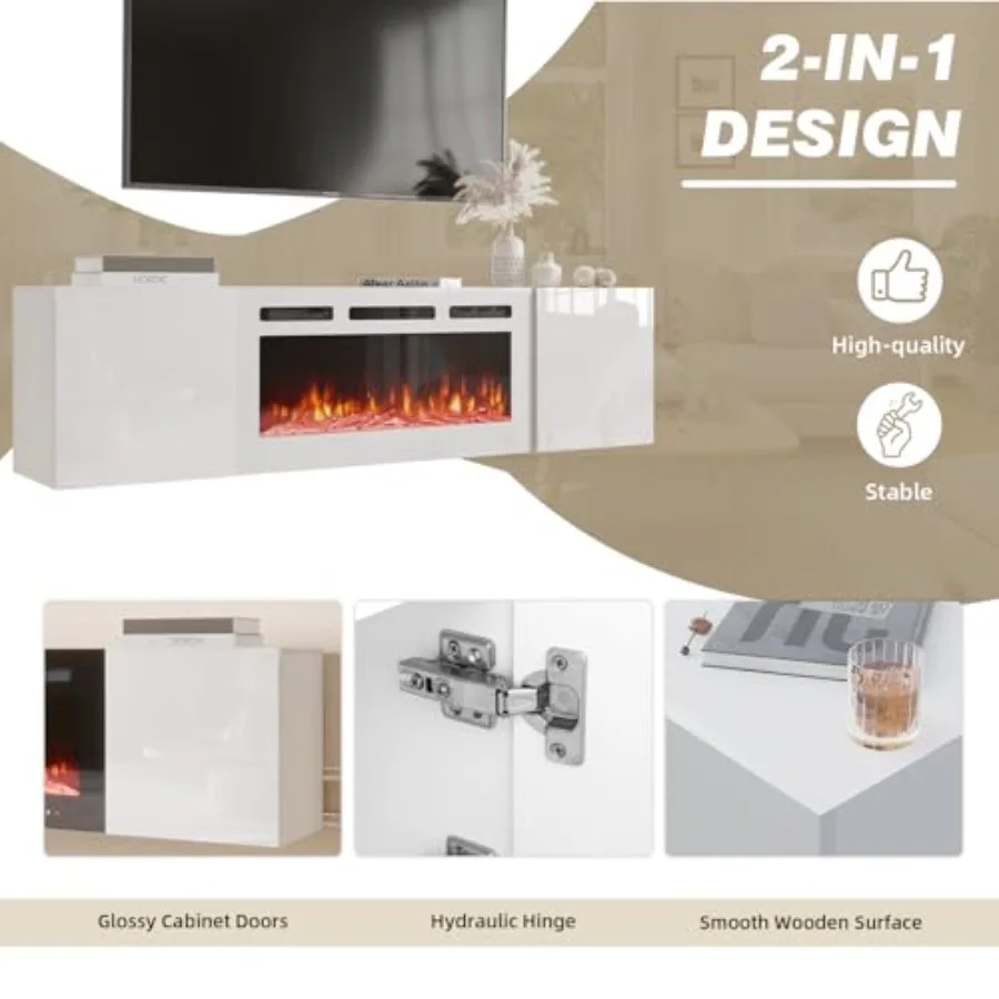 حامل تلفزيون عائم مثبت على الحائط مقاس 70 بوصة مع مدفأة كهربائية مقاس 36 بوصة مركز ترفيه عالي اللمعان مع مساحة تخزين 12 لون لهب He #5