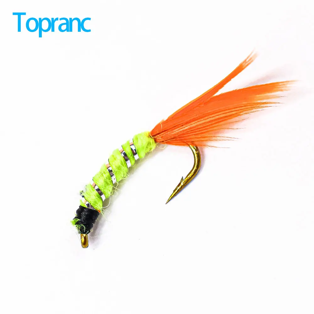 Topranc Green Nymph Fly Pheasant Tail Feather Flies Artificial Bait Trout Fishing Lures Baits 12PCS #12 Size