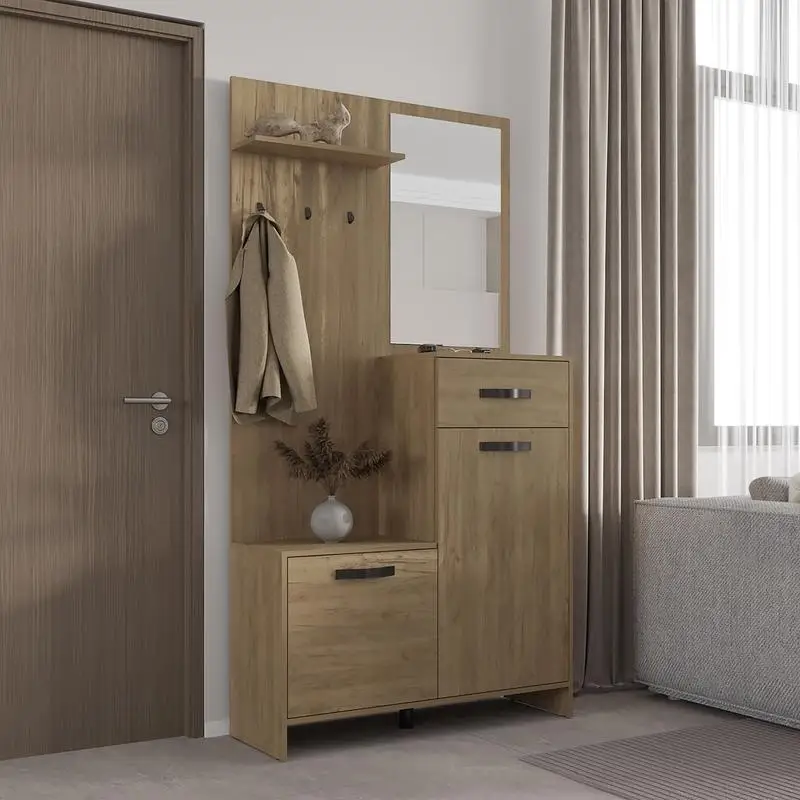

Hall Tree with 2 Doors, 1 Drawer, 1 Shelf, and 1 Mirror - Stylish Entryway Storage Solution