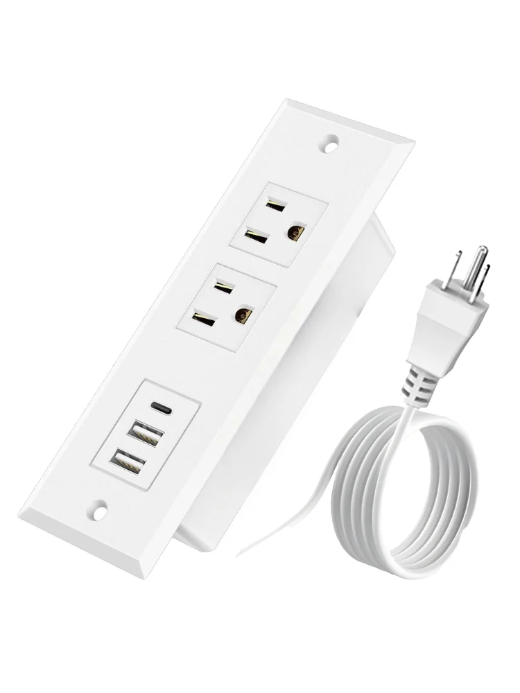 Embedded Power Strip 2 AC Outlets 2 USB-A Ports & 1 Type-C (5V 2.1A) Charging Port Built-in Socket with 1.5m of extension cord for Hotel Nightstand Guest Room Cabinet Power Expansion