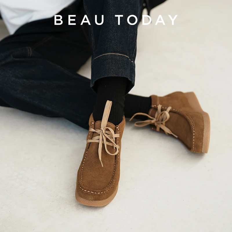 BEAUTODAY Ankle Boots Men Cow Suede Leather Round Toe Plaform Sewing Lace-up Outdoors Male Shoes Handmade 54277