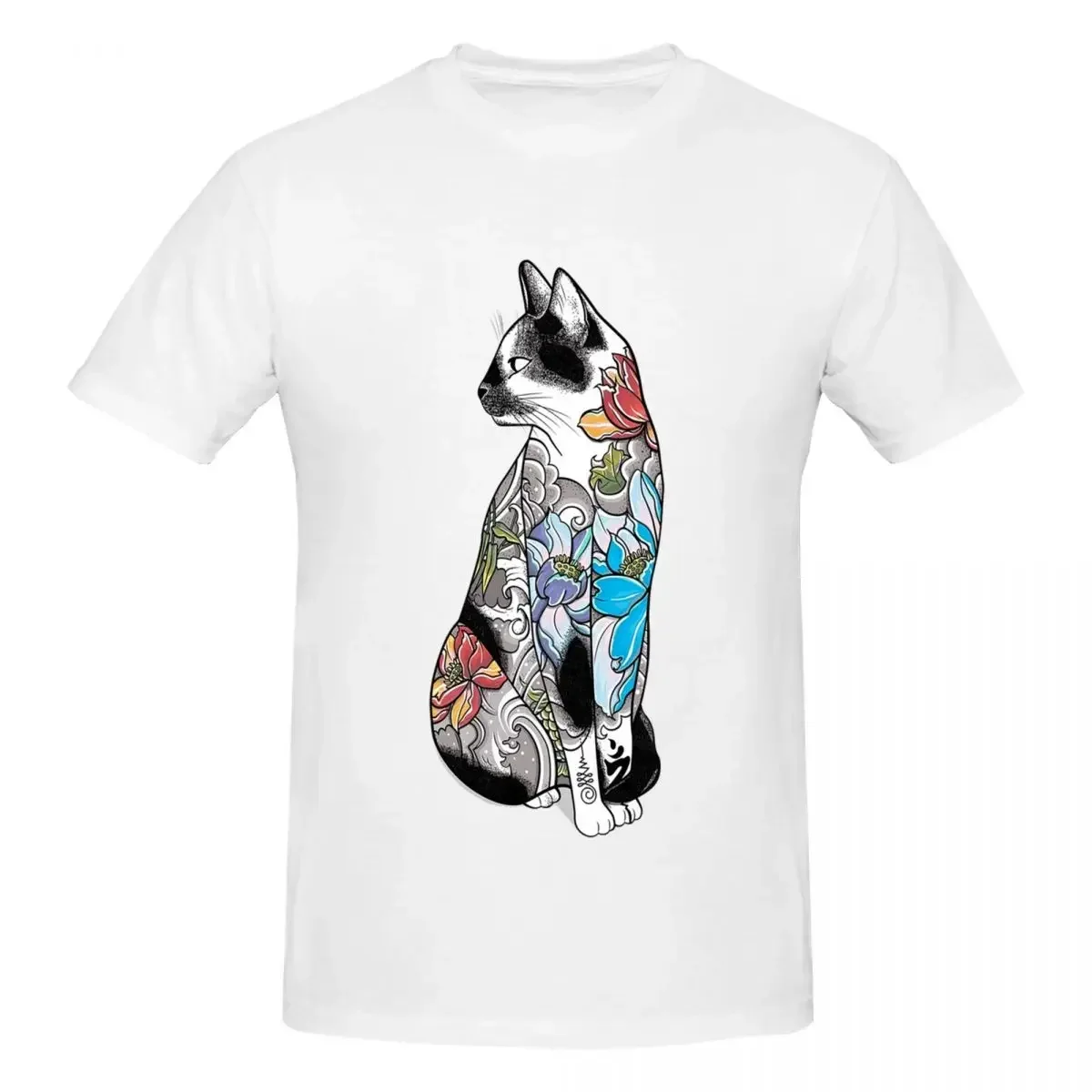 Cat In Lotus Tattoo 100% Cotton T-shirt Men Classic T Shirts Men crew Neck Short Sleeve S-6XL