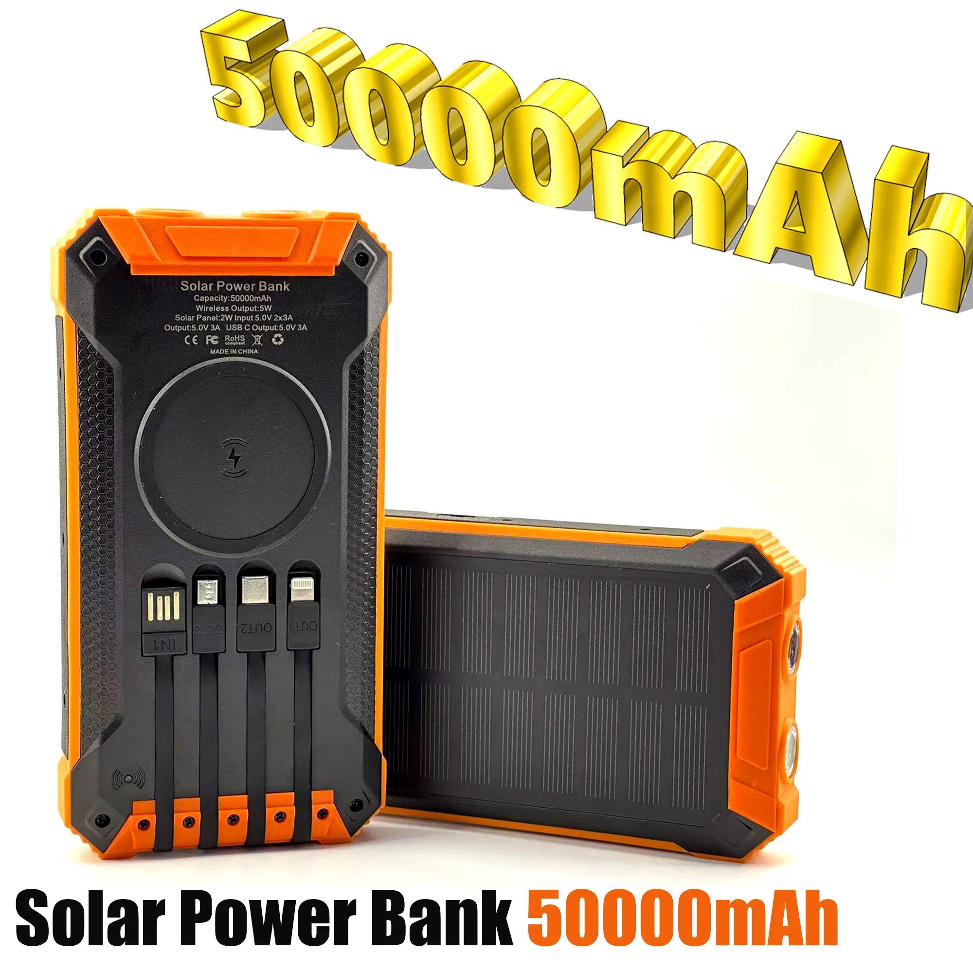 

Портативное зарядное устройство на солнечной энергии емкостью 50000 мАч со встроенным кабелем для быстрой зарядки, совместимое с телефонами Apple и Android.