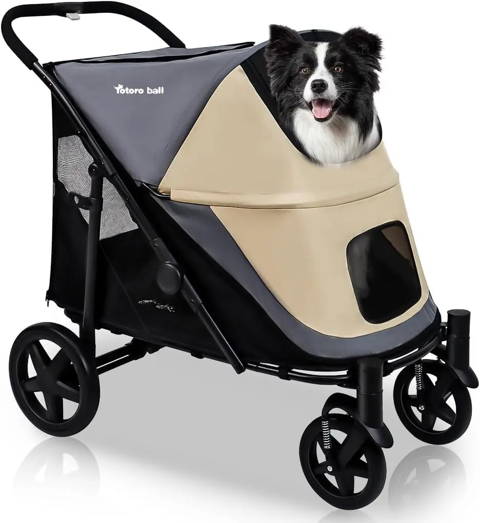 

One-Click Folding Dog Stroller for 2 Pets, 4-Wheel Jogger with Storage, Holds Up to 110LBS (Beige & Grey)