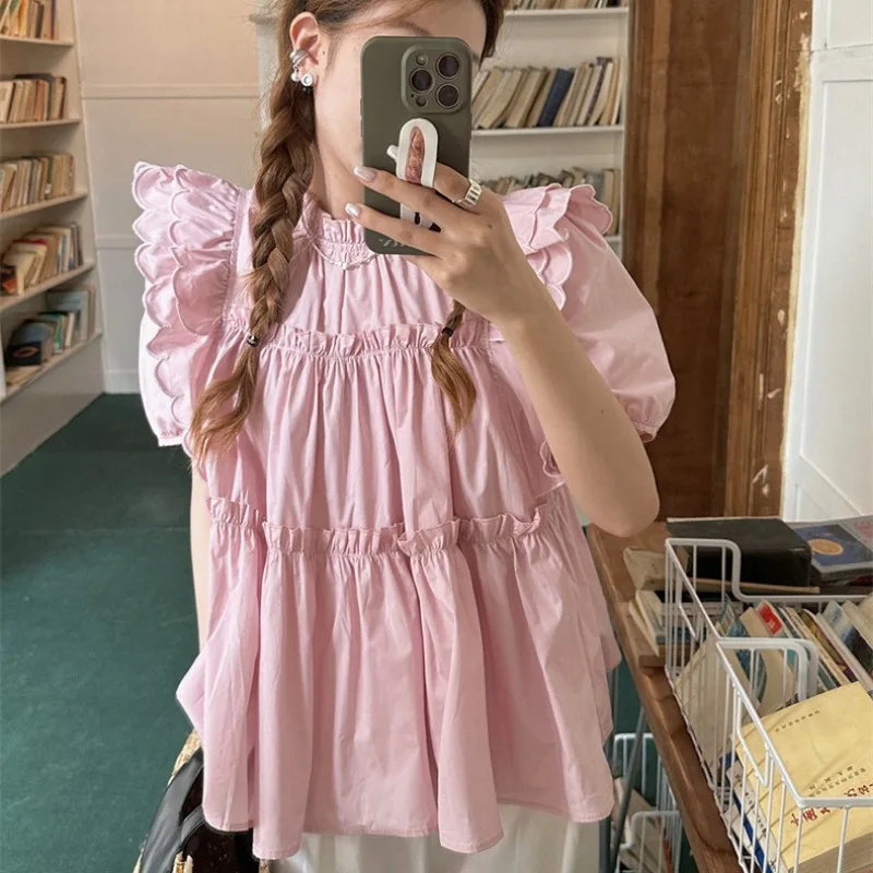 

Women Blouse Ruffles Loose Fit Chic All-match Gentle Stylish Sweet Lovely Girls Ins Temperament Popular Classic Summer Trendy