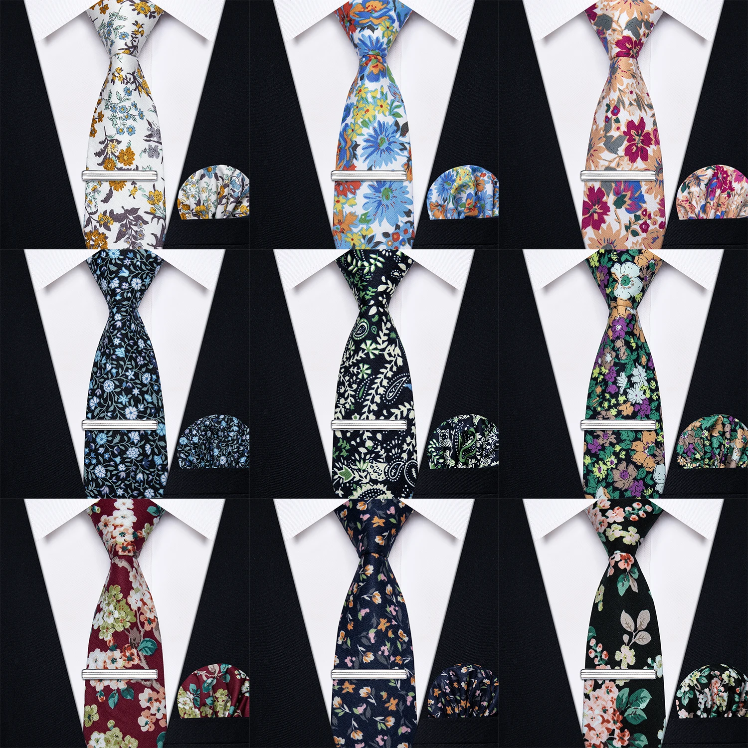 Pocket Square Set - 花柄プリント、メンズネクタイポケットスクエアクリップセット、フォーマルカジュアルウェディング婚約パーティー、スーツタキシード、グルームズマン用