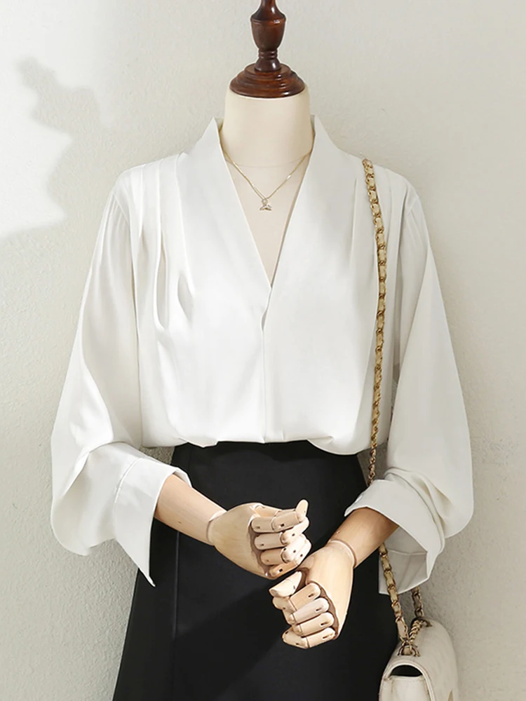 

Women's Cross V-ne Satin irt Anti-Wrinkle Spring Autumn Design Commute Interview White Brand Button Ladies Faion