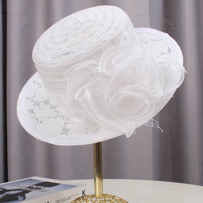 Women's Vintage Lace Flat Top Hat with Rose Flower