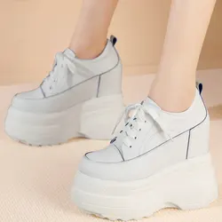 16cm Buty na wysokim obcasie Plus Size Buty Kobiety Prawdziwa skóra Kliny Platforma Czółenka Kobieta Okrągłe palce Moda Trampki Duży rozmiar Buty