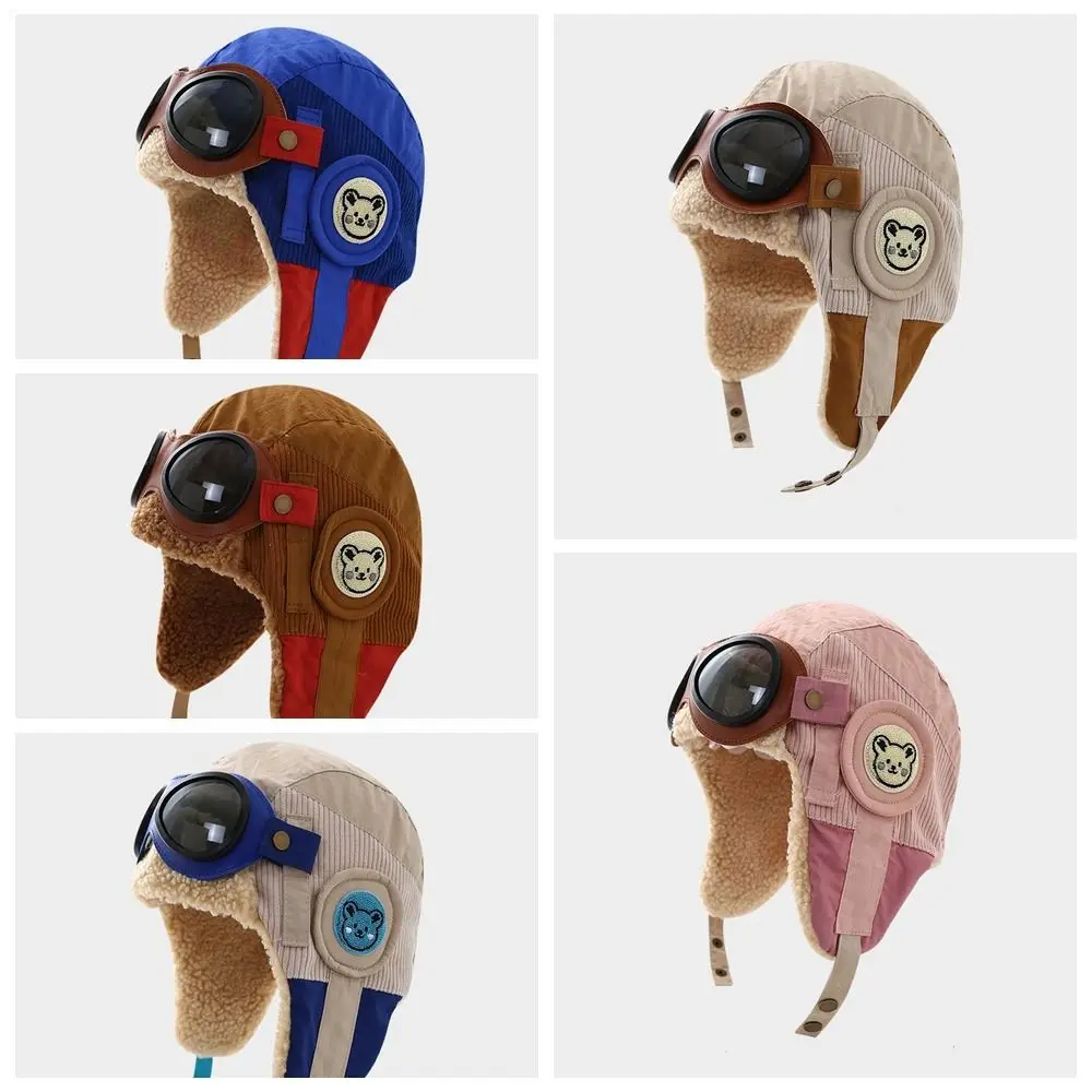 Chapeau de pilote en peluche avec lunettes pour enfants, protection des oreilles, chapeau à oreillettes pour enfants, épais, doux, coupe-vent, Lei Feng, chaud, mignon