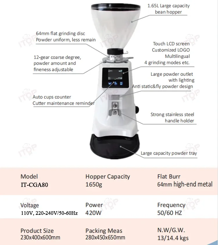 ITOP CGA80 Koffiemolen 64mm Platte Braam Antistatische Elektronische Kwantitatieve Molenaar Diverse Slijpmethode 220V 110V