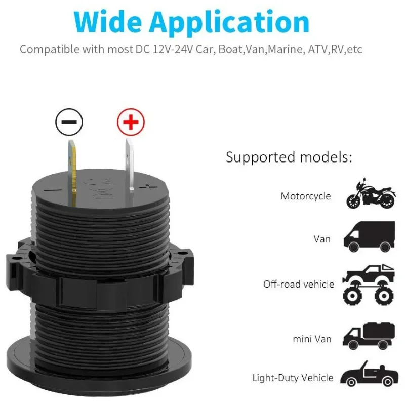 Carregador de carro duplo QC3.0 com display de tensão, carregador rápido para motocicleta e carro