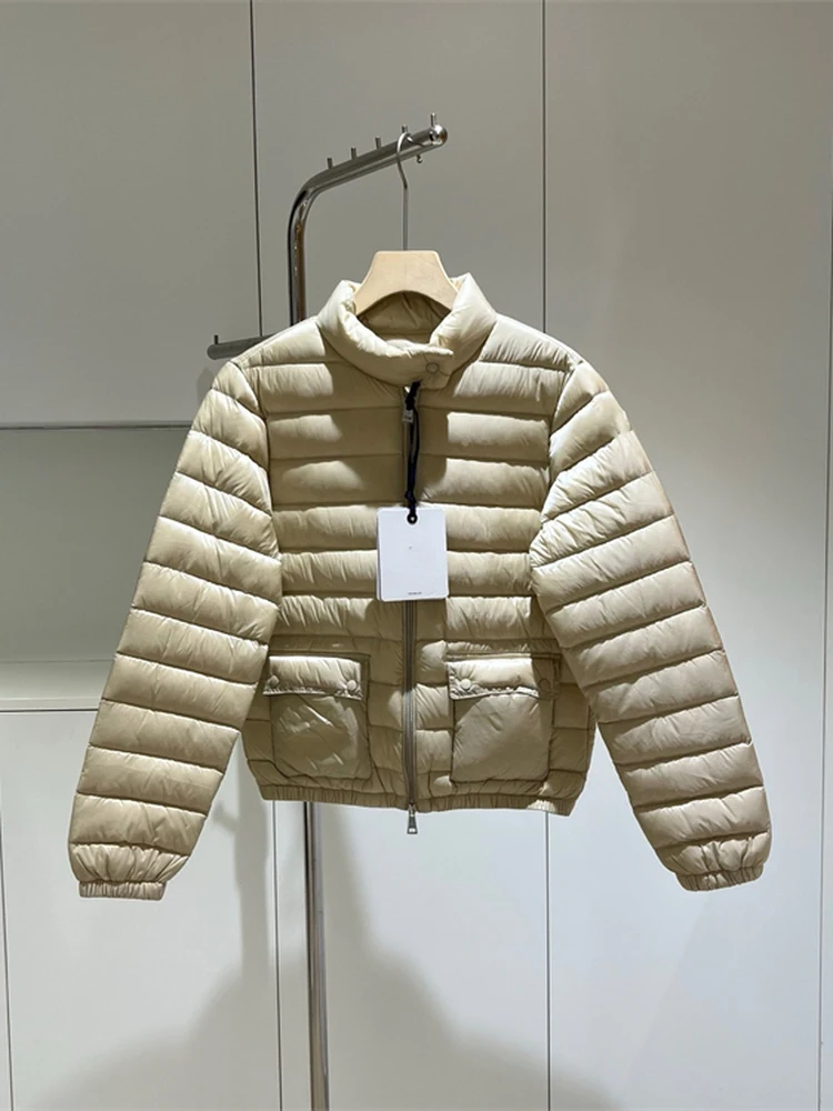 Chaqueta de plumón ligera para mujer, plumón de ganso blanco, cuello levantado, abrigo para ir al trabajo, corte recto, cremallera larga