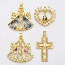 OCESRIO Big CZ Virgin Mary Pendant Trendy Jewelry Copper Gold Plated Crystal Cross Necklace Pendant for Jewelry Making pdta825