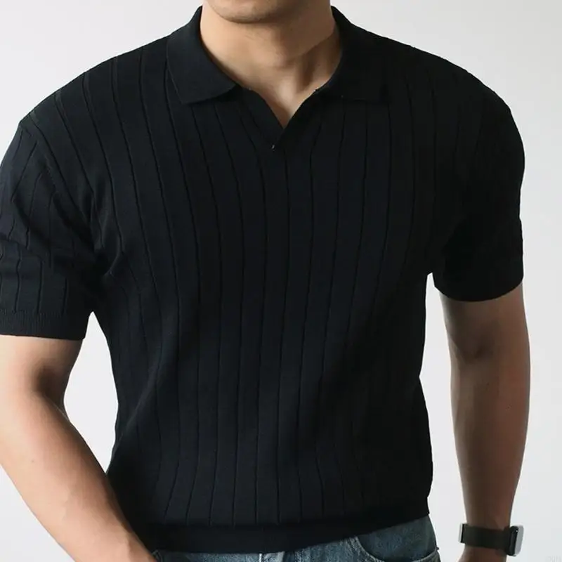 Men Short Sleeve Lapel Shirt V Neck Ribbed Knit Textured Casual Golf Shirt 6XDA