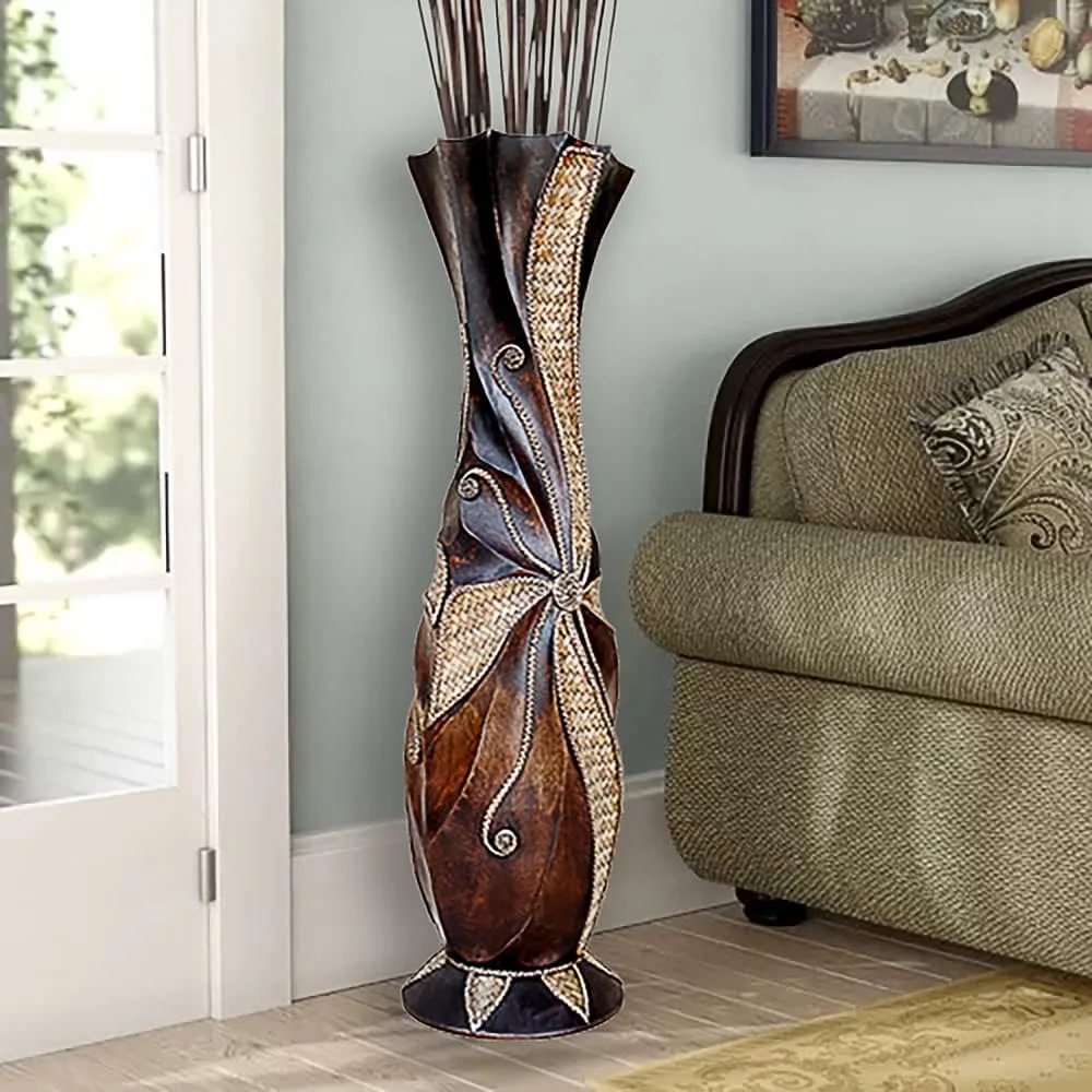 Tall Floor Vase, Handcrafted Solid Wood Decorative Floor Vases with Weaving Bamboo Strips, Wide Mouth Opening Corner Vases