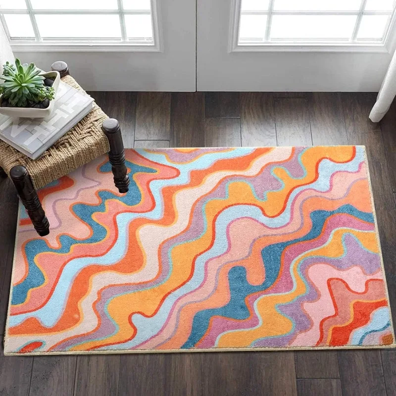 Vintage Abstract Area Rug Aesthetic Colorful Striped Geometric Non-Slip Bathroom for Kitchen Entryway Doormat Orange and Blush