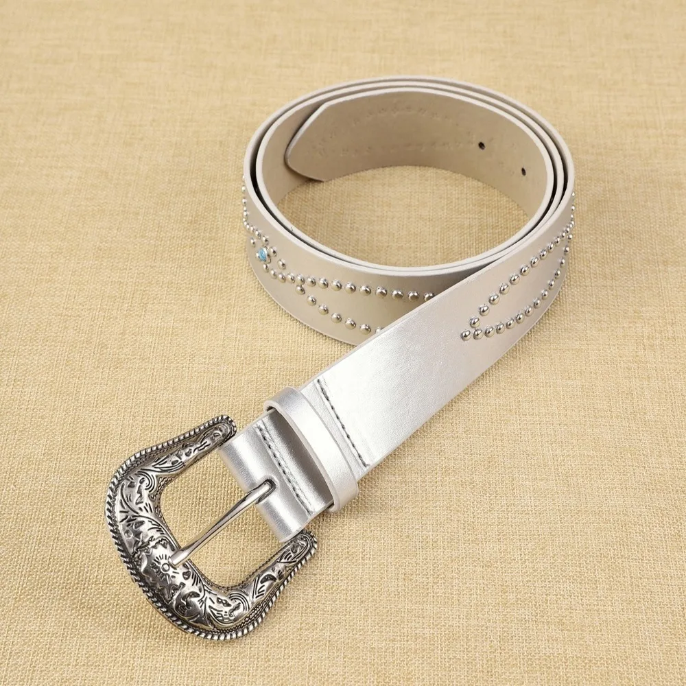 Cinturón Retro con diamantes de imitación para mujer, cinturón de cintura con remaches de estilo étnico de cuero PU, vestido americano, cinturón vaquero para mujer