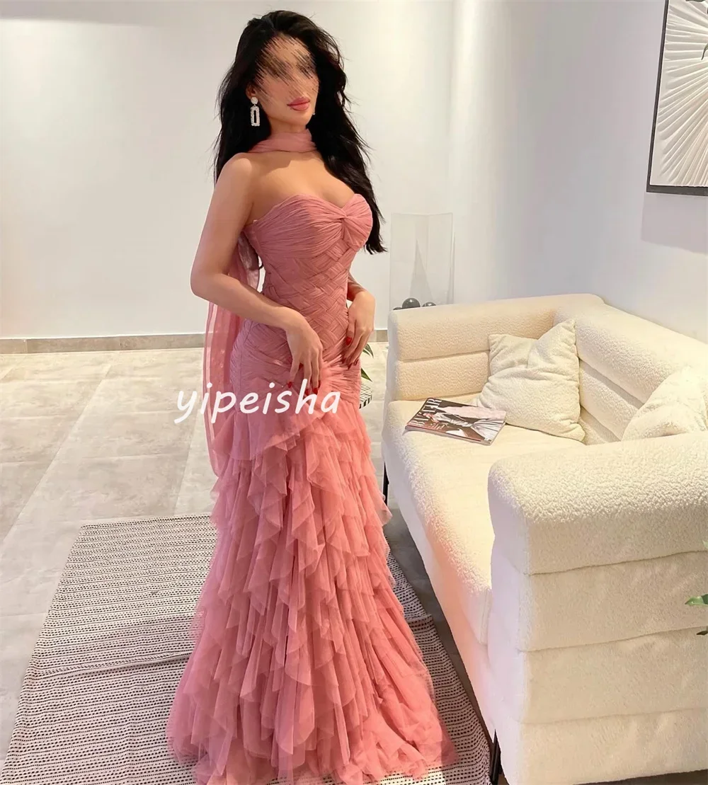 Customized Intricate Matching Tulle Pleat Tiered Ruched A-line Strapless Long Dresses Evening Dresses High Quality Chinese Style