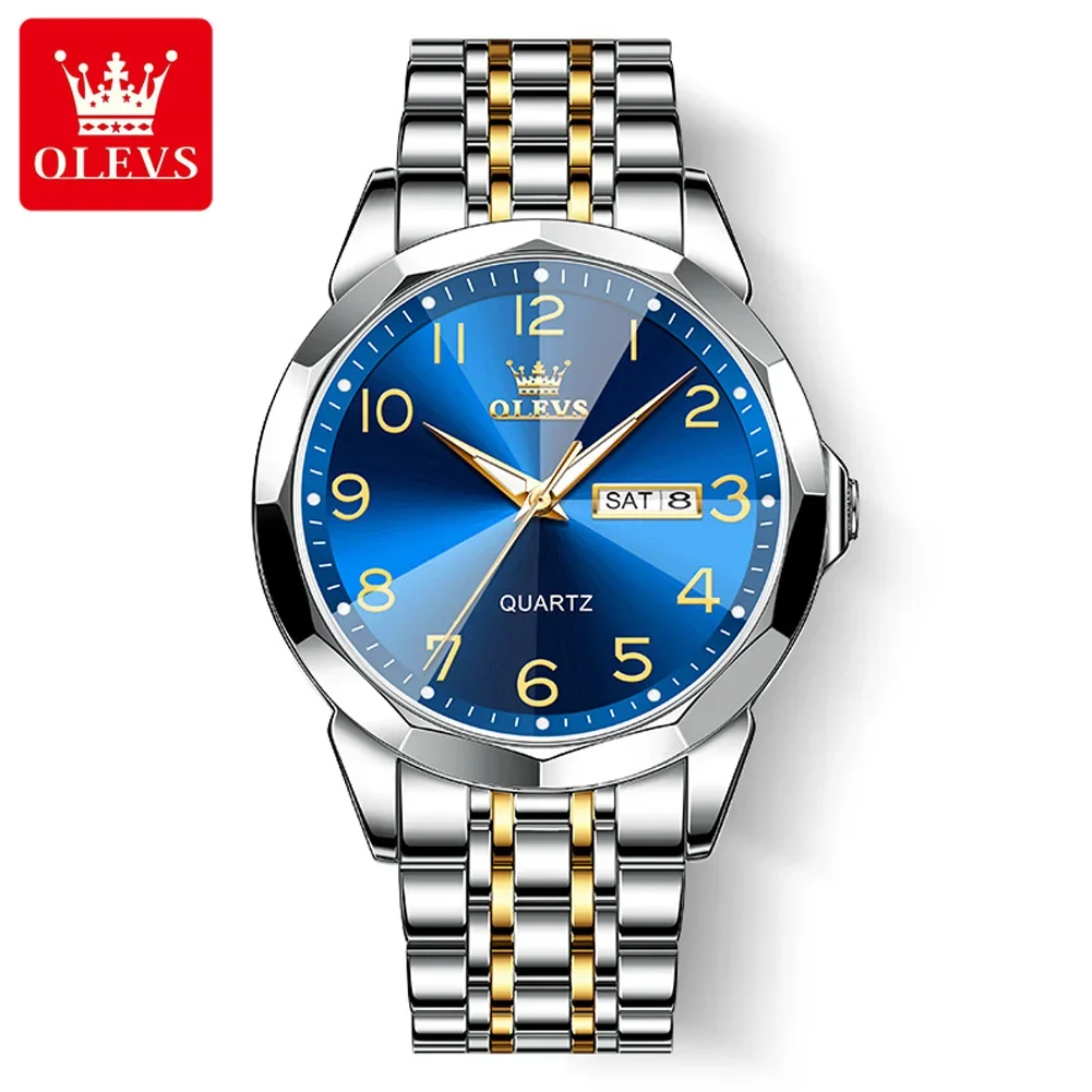 OLEVS 9970 Stainless Steel Strap Watches For Men, Waterproof Business Quartz Men Wristwatch Calendar Week Display