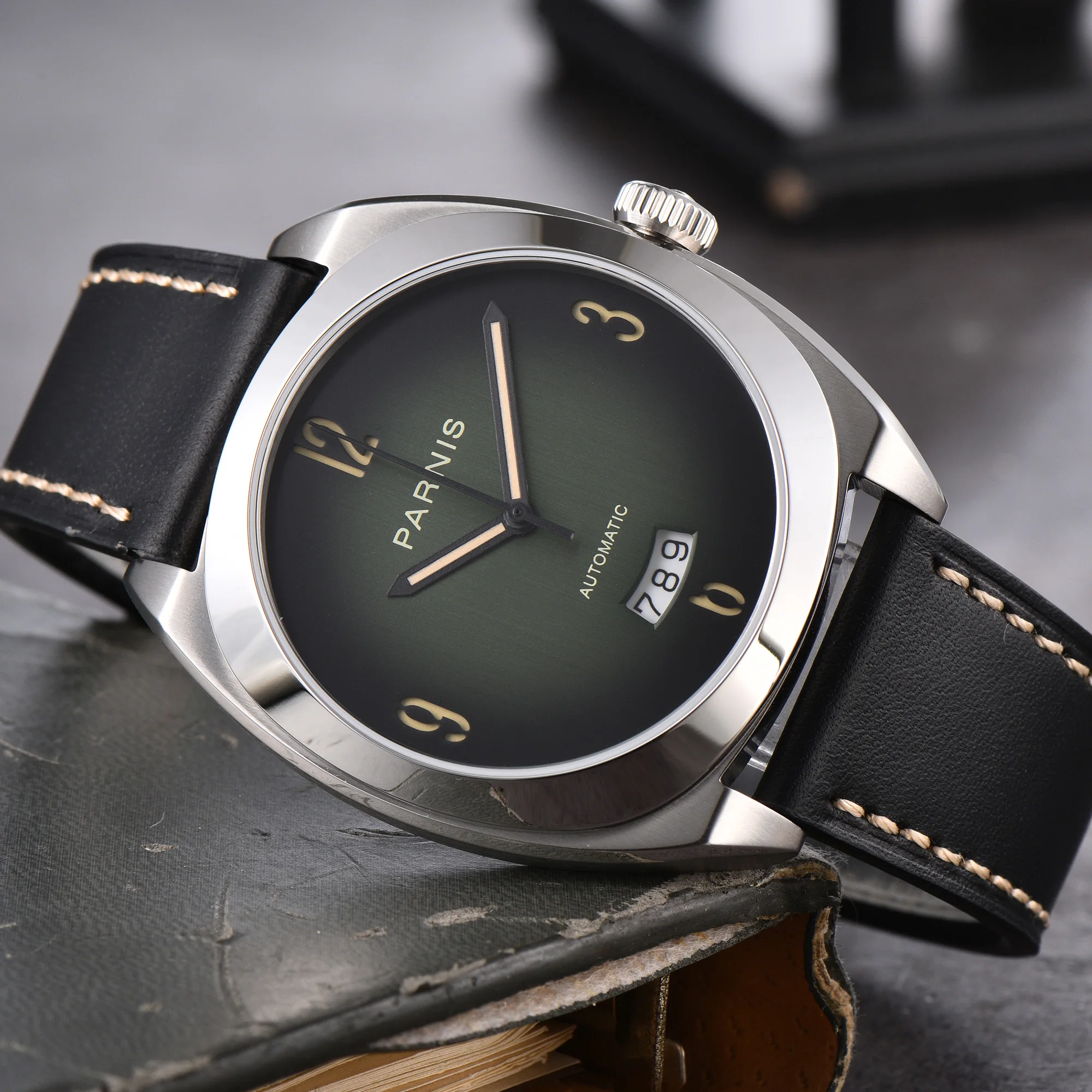 Fashion Parnis 42mm Green Dial Mechanical Automatic Men Watch Calendar Sapphire Crystal Men 5ATM Waterproof Watches reloj hombre